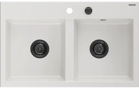 Mexen Hektor, 2-komorový granitový drez 800x480x205 mm, biela, grafitový sifón, 6521802000-20-B