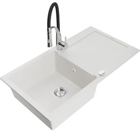 Mexen Leo, granitový drez 900x500x190 mm, 1-komorový a drezová batéria Aster, biela, 6501-20-73450-07