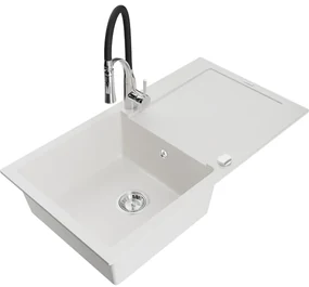 Mexen Leo, granitový drez 900x500x190 mm, 1-komorový a drezová batéria Aster, biela, 6501-20-73450-07