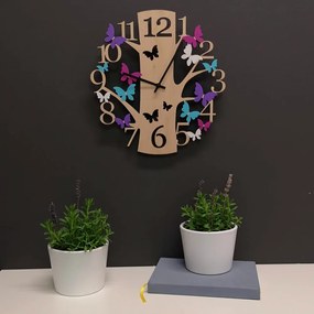 AMADEA Drevené hodiny nástenné v tvare stromu s farebnými motýlikmi, masívne drevo, priemer 30 cm