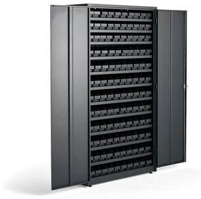 Kovová skriňa SUPPLY so 120 plastovými boxami REACH, kódový zámok