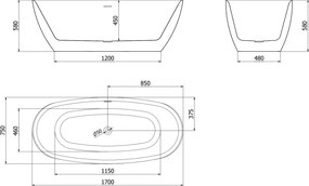 Mexen Luvo Slim, voľne stojaca vaňa 170 × 75 cm, biela-čierna, grafitový prepad, 52801707575-66