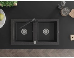 Mexen Mario, 2-komorový granitový drez 820x436x161 mm a čierna drezová batéria Duero, čierna škvrnitá, 6504-76-671600-70