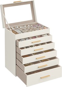 Šperkovnica s skleneným vrchnákom, 6-poschodový organizér na šperky s 5 zásuvkami, 16,3 x 25,1 x 29 cm, oblá biela