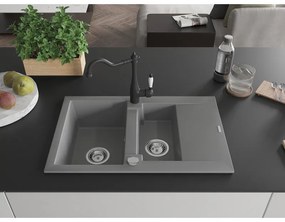 Mexen Gaspar, 1,5-komorový granitový drez 737x475x177 mm a drezová batéria Carla, šedá, 6507-71-670700-70