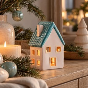 WINTER VILLAGE Svietnik na čajovú sviečku domček - sivá/modrá