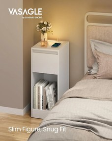 Úzky nočný stolík s nabíjacou stanicou a LED svetlom, s USB portami, biely