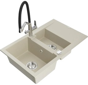 Mexen Gaspar, granitový drez 737x475x177 mm, 1,5-komorový a drezová batéria Duo, béžová, 6507-69-671701-07
