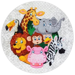 Prateľný protišmykový okrúhly koberec JUNIOR 51595.801 Zvieratká - Afrika, sivý