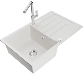 Mexen Bruno, 1-komorový granitový drez 795x495x200 mm a drezová batéria Flora, biela, 6513-20-670401-00