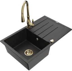 Mexen Bruno, 1-komorový granitový drez 795x495x200 mm a drezová batéria Savita, čierna-zlatá metalíza, 6513-75-672601-50