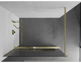 Mexen Kioto+, sprchová zástena Walk-In s poličkou a vešiakom 70 x 200 cm, 8mm sklo s rebrovým vzorom, zlatý matný profil, 800-070-121-55-09