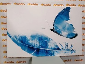 Obraz pierko s motýľom v modrom prevedení - 60x40