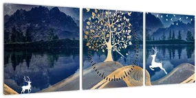 Obraz jeleňov pri splne (s hodinami) (90x30 cm)