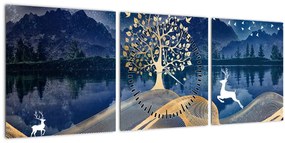 Obraz jeleňov pri splne (s hodinami) (90x30 cm)