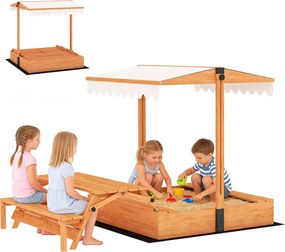 AIYAPLAY drevené detské pieskovisko s nastaviteľným slnečníkom, skladací piknikový stôl a lavičky, kryt, pre 6 detí (3–8 rokov), 184 × 110 × 120 cm, h