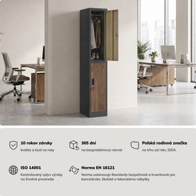 Šatníková skriňa BHP, zamestnanecká, jednotlivá, 2 priehradky s tyčou, antracitová/orech, 316,5x1850x450 mm: IGOR 1 Plus Eco Design
