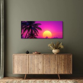 Obraz - Fialový západ s palmou (120x50 cm)