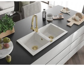 Mexen Mario, 2-komorový granitový drez 820x436x161 mm a drezová batéria Elia, biela, 6504-20-670101-50