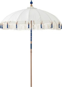 Biely slnečník so drevenou tyčou a strapcami Flavie Blue - ∅ 180*260 cm