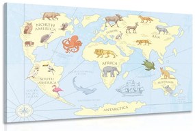 Obraz mapa sveta so zvieratami - 90x60