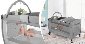 Cestovná postieľka s prebaľovacou podložkou a hracím oblúkom, sivá