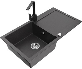 Mexen Leo, drez granitový 900x500x190 mm, 1-komorový, čierna škvrnitá s chrómovým sifónom a čierna drezová batéria Rita, 6501-76-670300-70
