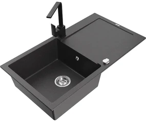 Mexen Leo, drez granitový 900x500x190 mm, 1-komorový, čierna škvrnitá s chrómovým sifónom a čierna drezová batéria Rita, 6501-76-670300-70