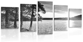 5-dielny obraz západ slnka nad jazerom v čiernobielom prevedení - 200x100