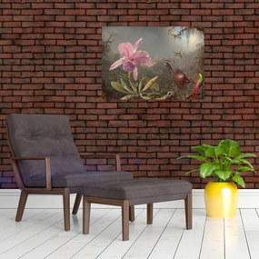 Sklenený obraz - Martin Johnson Heade, Cattleya Orchid and Three Hummingbirds, reprodukcia (70x50 cm)