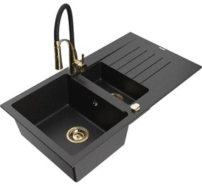Mexen Matias, granitový drez 900x505x200 mm, 1,5-komorový a drezová batéria Aster, čierna-strieborná metalíza, 6502-73-73450-57-G