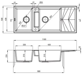 Deante Magnetic, 2-komorový granitový drez s odkvapkávačom 1160x500x224 mm, grafitová metalíza, DEA-ZRM_G213