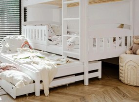 Detská poschodová posteľ z masívu borovice BOHDANA s prístelkou a šuplíky - 200x90 cm - BIELA