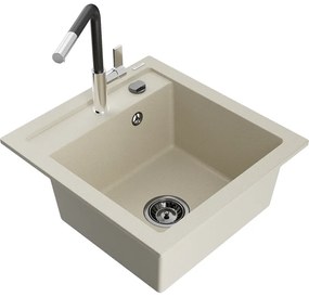 Mexen Vito, 1-komorový granitový drez 490x520x210 mm a drezová batéria Flora, béžová, 6503-69-670401-07-B
