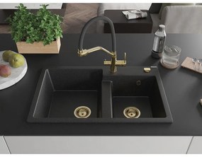 Mexen Tomas, 2-komorový granitový drez 800x500x190 mm  a kuchynská batéria Duo, čierna-strieborná metalíza, 6516-73-671701-57-G