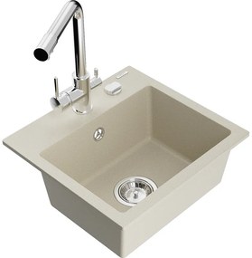 Mexen Milo, granitový drez 435x410x171 mm, 1-komorový a chrómová batéria Duero, béžová, 6505-69-671600-00