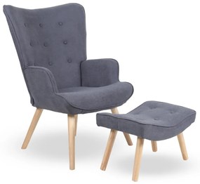 Kreslo ušiak CORDU + taburet — masív, látka, prírodná / sivá