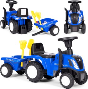 MULTISTORE Jazdík traktor New Holland s odpojiteľnou príveskou, interaktívny volant, modrý