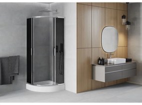 Mexen Rio, štvrťkruhový sprchovací kút s posuvnými dverami 90 x 90 cm, 6mm šedé sklo, chrómový profil + biela vysoká sprchová vanička Rio, 863-090-090-01-40-4710