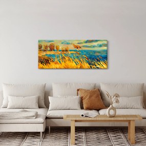 Obraz - Západajúce slnko nad jazerom, akrylová maľba (120x50 cm)