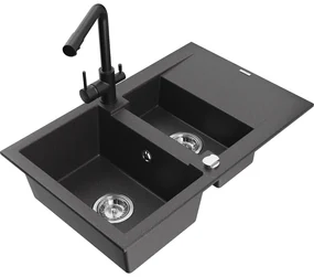 Mexen Gaspar, granitový drez 737x475x177 mm, 1,5-komorový, čierna batéria Duero, čierna škvrnitá, 6507-76-671600-70