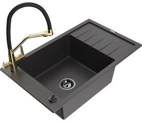Mexen Elias, 1-komorový granitový drez 795x480x200 mm a drezová batéria Duo, čierna škvrnitá, 6511-76-671701-57-B