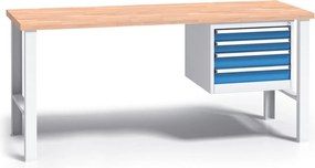 Pracovný stôl do dielne G3 so závesným boxom na náradie, buková škárovka, 4 zásuvky, pevné kovové nohy, 1700 mm, modrá