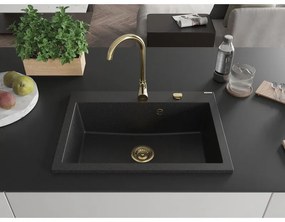 Mexen Elix, 1-korový granitový drez 700 x 500 mm, čierna/strieborná metalíza, zlatý sifón, 6526701005-73-G