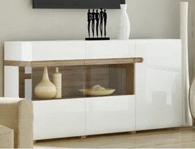 Široká komoda s presklením Linate, biely lesk/dub%
