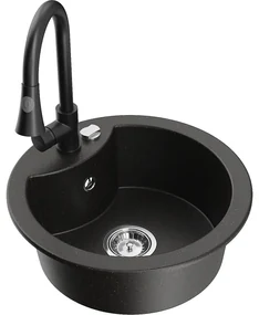 Mexen Diego, 1-komorový granitový drez 488x488x167 mm a drezová batéria Elia, čierna-zlatá metalíza, 6512-75-670101-70