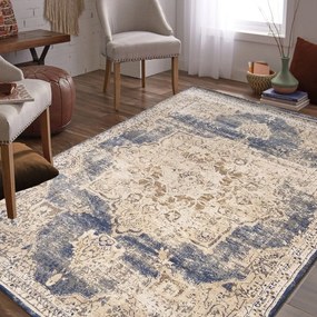 Koberec v béžovo-hnedej farbe s modrým vintage vzorom Šírka: 200 cm | Dĺžka: 290 cm