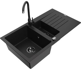 Mexen Matias, granitový drez 900x505x200 mm, 1,5-komorový a čierna batéria Telma, čierna, 6502-77-670200-70-B