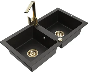 Mexen Mario, granitový drez 820x436x161 mm, 2-komorový, čierna-zlatá metalíza so zlatým sifónom a zlatá drezová batéria Rita, 6504-75-670300-50