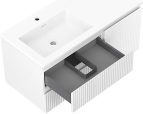 Mexen Rivel, kúpeľňová skrinka 100 cm s ľavým umývadlom Otis, 2S, 1D, drážkovaná, biela matná, 91A23-10047-3-BBFFF01-W18L01